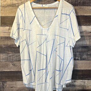 Poetry White & Blue Geometric Print Linen Top 18 Lagenlook‎ Coastal Quiet Luxury